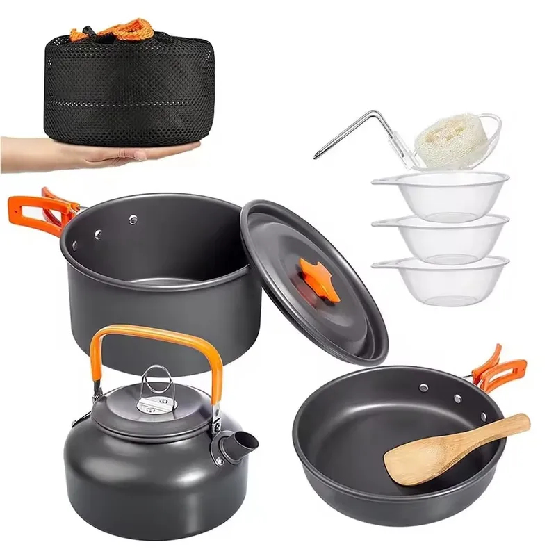 Camping Cooking Set With Kettle - Outdoor Aluminum Alloy Camping Set, Three